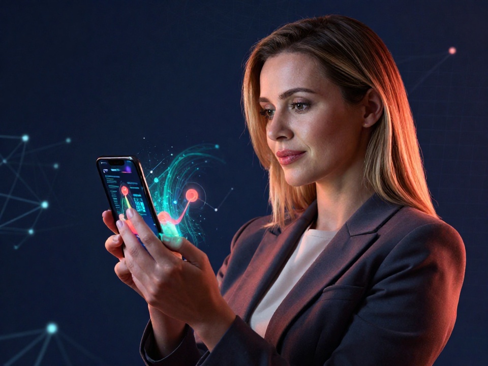 Уверенная женщина использует смартфон для аренды энергии TRON и снижения комиссий при переводах USDT TRC20, премиальный финтек-стиль