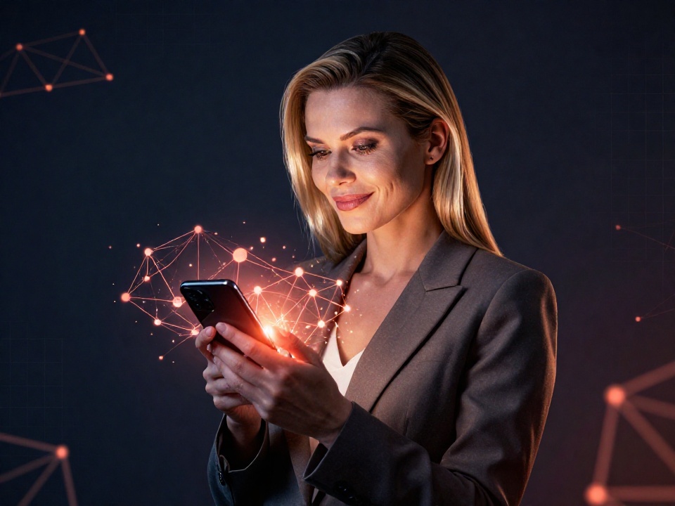 Уверенная женщина со смартфоном с визуализацией энергии TRON для снижения комиссий при переводах USDT TRC20